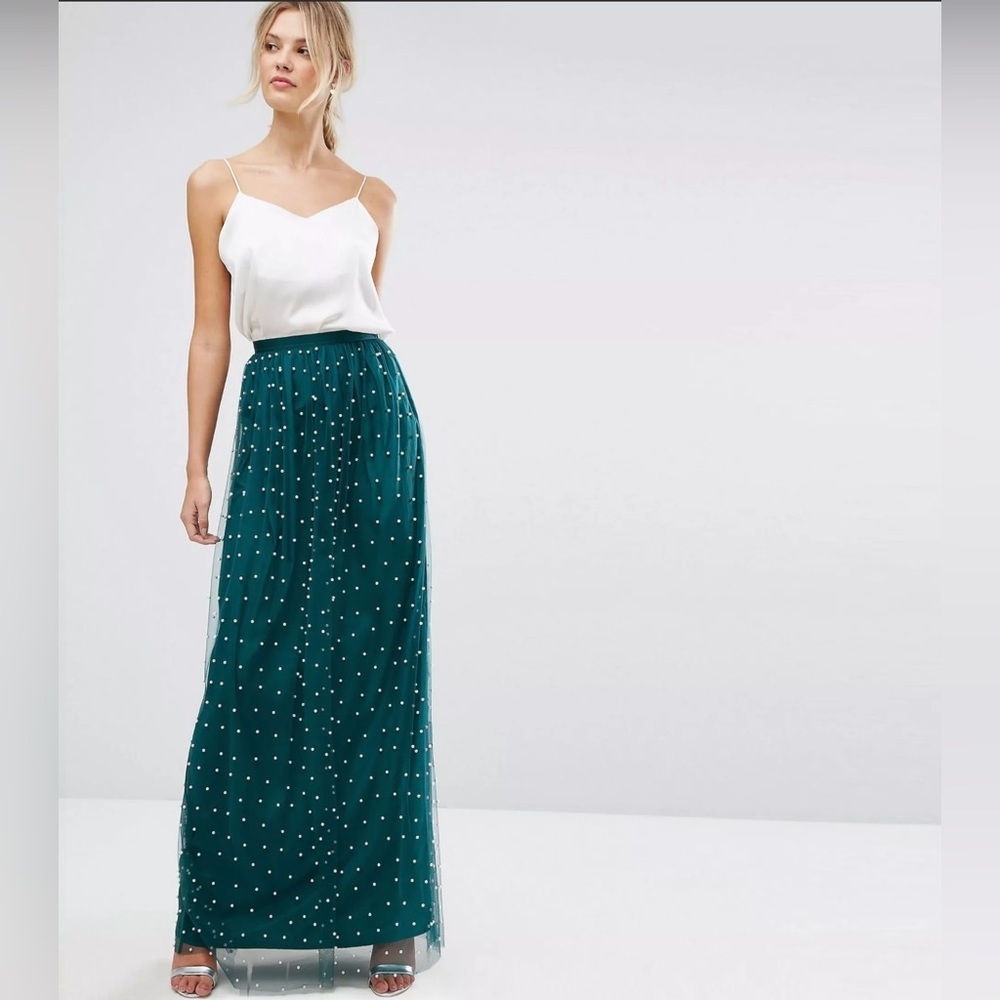 ASOS Design Women’s Tall Faux Pearl Embellished Tulle Maxi Skirt Forest Green - Picture 2 of 14